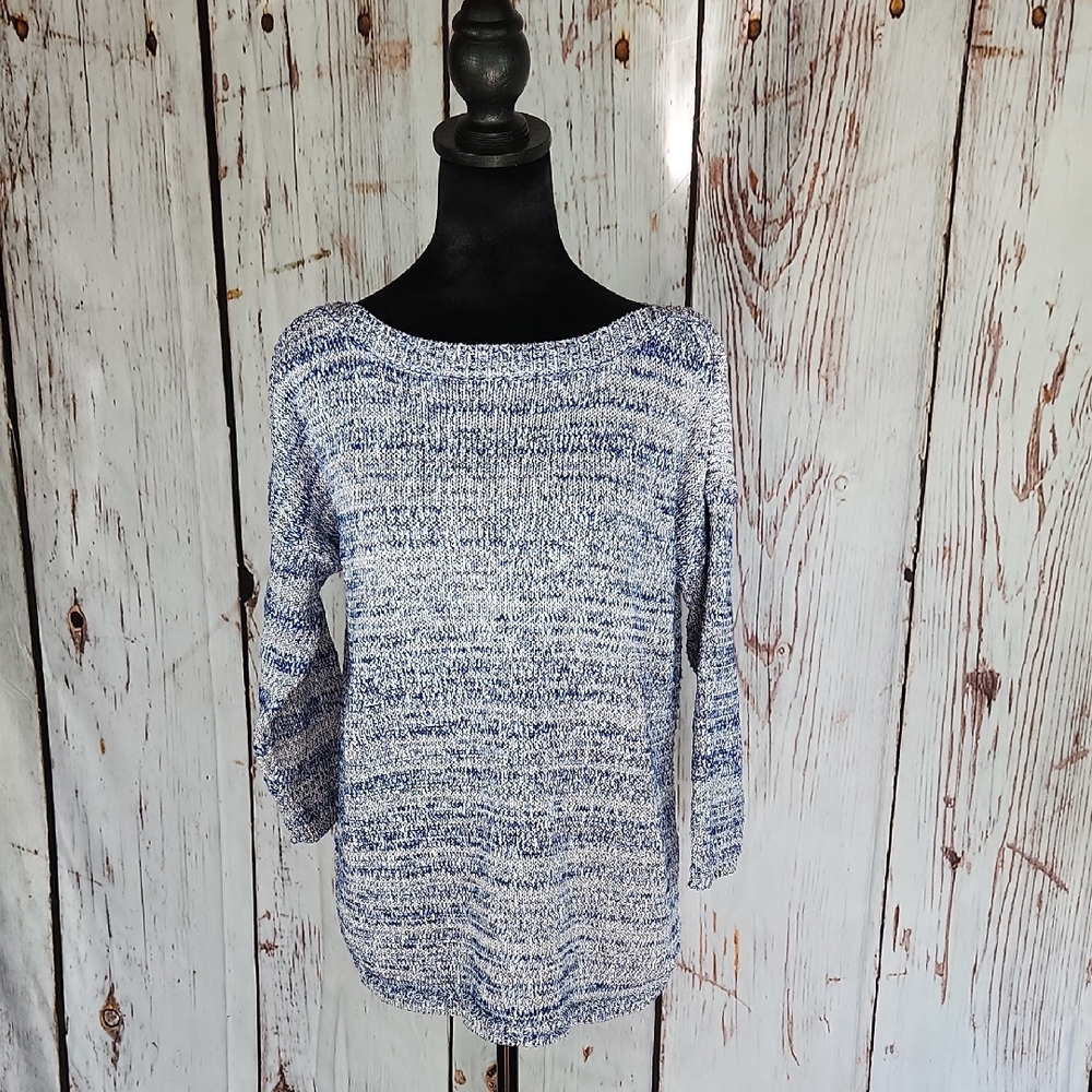 Talbots Blue and White Cotton Blend Knit Sweater Boat Neck L